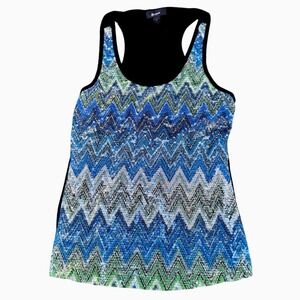 B.wear Medium Full Front Sequin Tank Top Sleeveless Blue Green‎ Zigzag Party